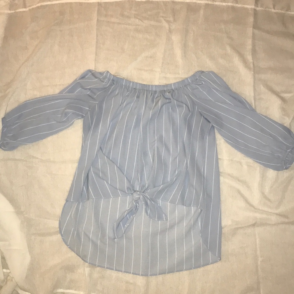 Blue stripped off the shoulder blouse.